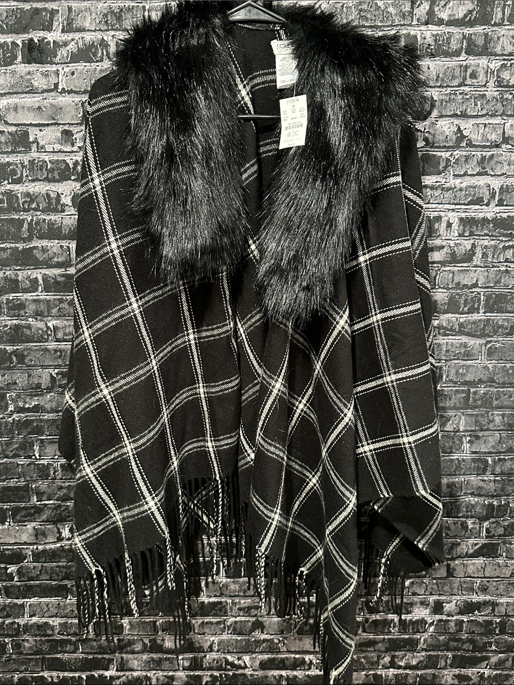 J.Crew Black Faux Fur Trim Plaid Poncho wrap